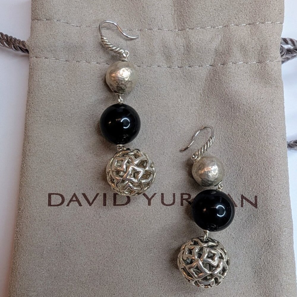 David Yurman Onyx & Hematite Tapestry Sterling Silver Drop Earrings - RARE